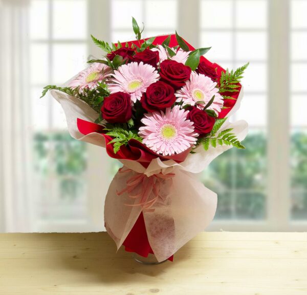 Boquet di Rose rosse e Gerbere Rosa