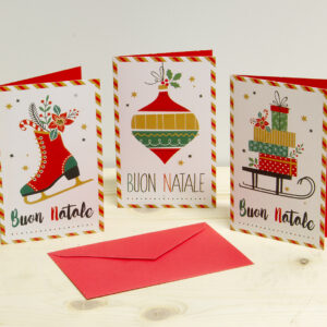 Set Biglietti Augurali di Natale assortiti con slitta, palla e pattino, inclusa busta rossa