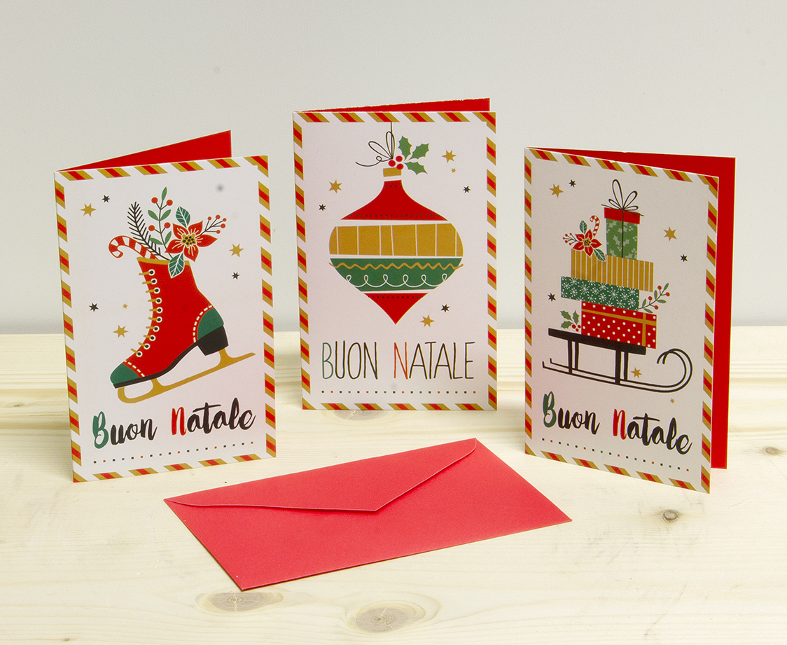 Set Biglietti Augurali di Natale assortiti con slitta, palla e pattino, inclusa busta rossa
