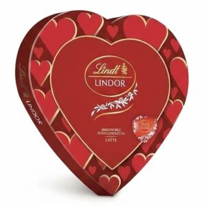 Scatola cioccolatini Lindt Lindor a forma di cuore rosso con decorazioni dorate e praline al latte