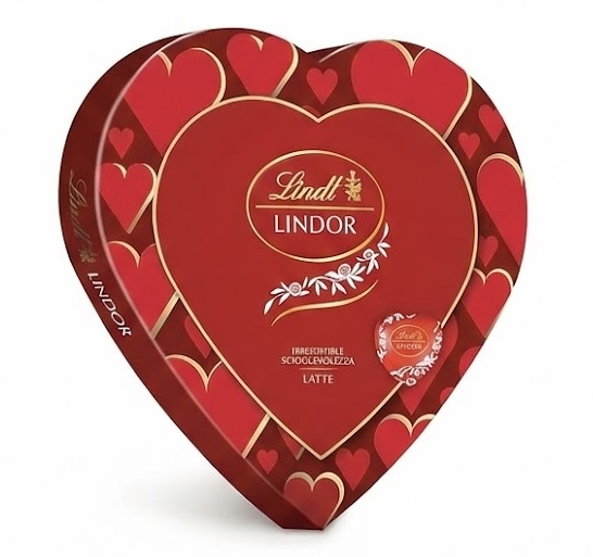 Scatola cioccolatini Lindt Lindor a forma di cuore rosso con decorazioni dorate e praline al latte