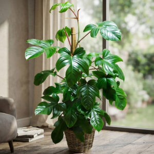 Pianta di Filodendro Squamiferum con grandi foglie verde lucido e steli rossastri, inserita in un vaso di vimini e posizionata sul pavimento in legno chiaro vicino a una grande finestra con luce naturale soffusa e sfondo sfocato.