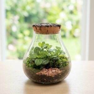 Terrarium in vaso di vetro a goccia con tappo in sughero contenente piantina di Fittonia e muschio, appoggiato su un piano in legno chiaro davanti a una finestra sfocata.