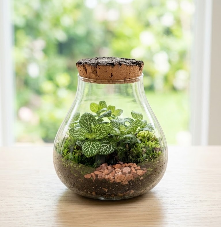 Terrarium in vaso di vetro a goccia con tappo in sughero contenente piantina di Fittonia e muschio, appoggiato su un piano in legno chiaro davanti a una finestra sfocata.